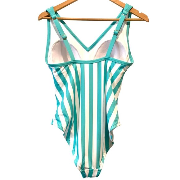 Kona Sol Plus One Piece Green Stripe Print V-Neck Bathing Suit 14W - Picture 7 of 11